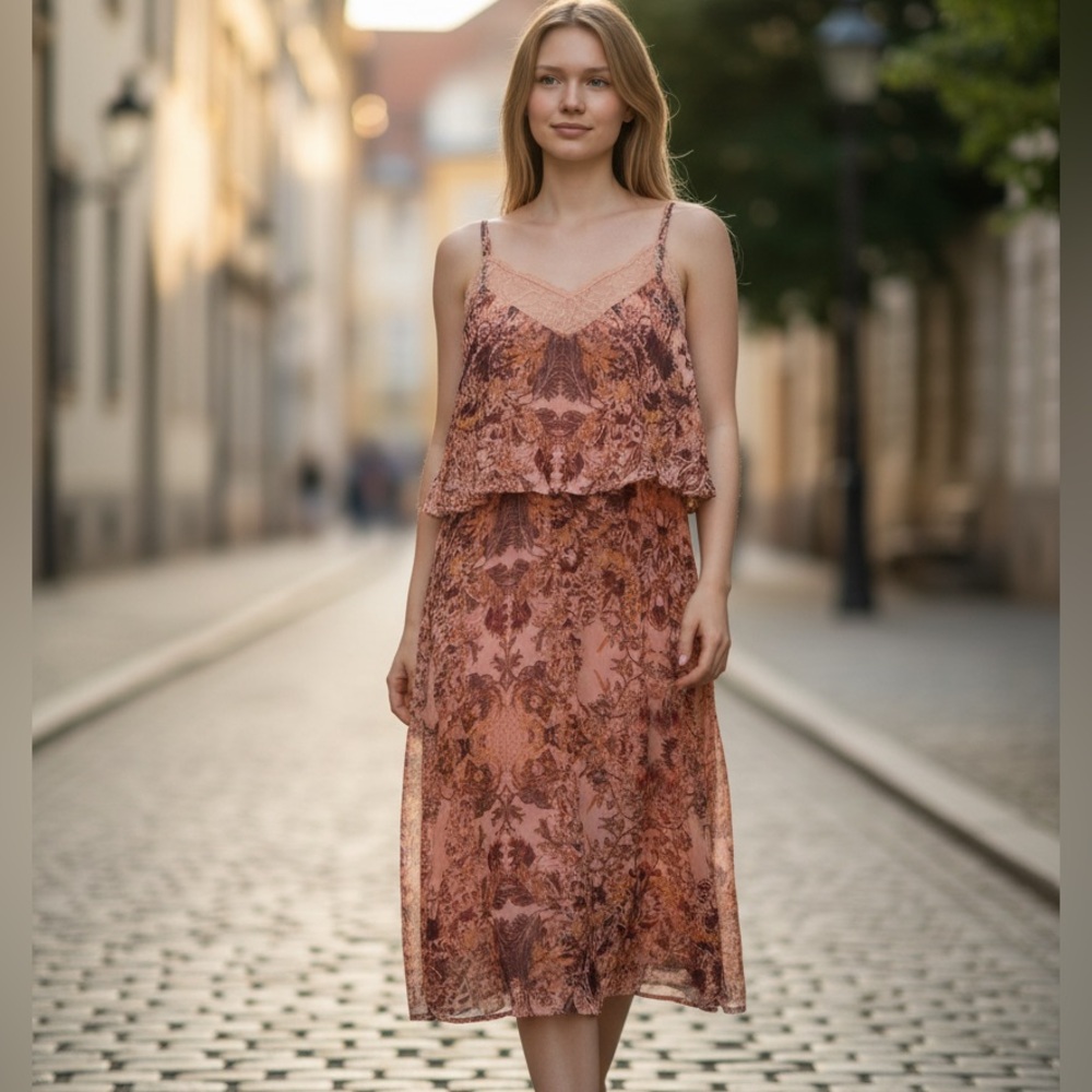 BCBGeneration Lace Trimmed Dress in Peach and Brown